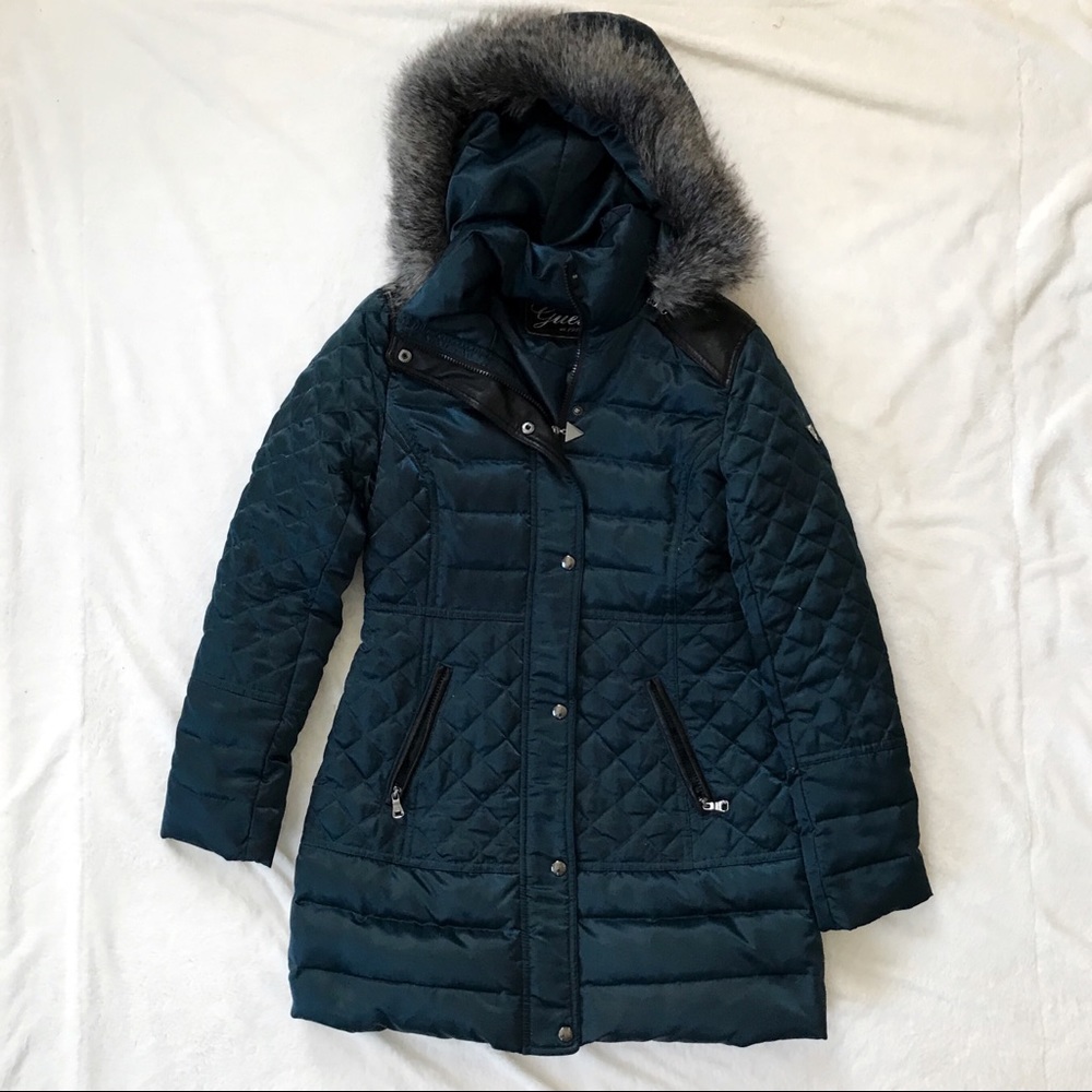 Guess Dark Teal Long Down Coat